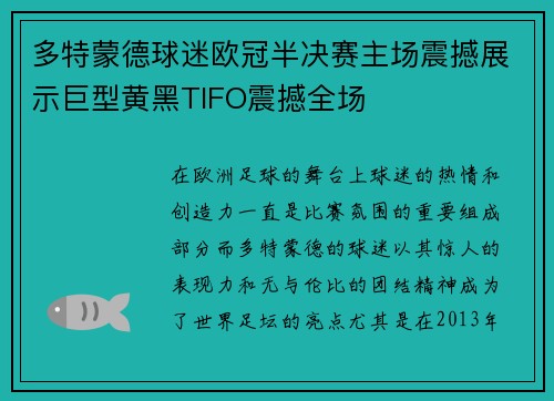多特蒙德球迷欧冠半决赛主场震撼展示巨型黄黑TIFO震撼全场